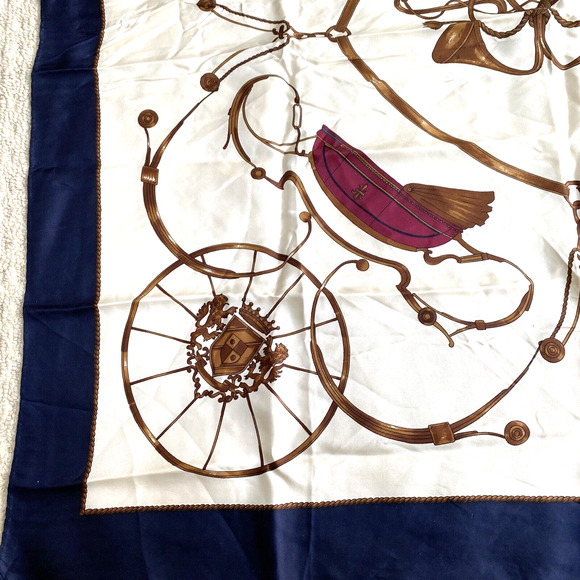 Silky 34" square scarf elegant carriage buggy hunting horn motif navy gold cream - Picture 4 of 6